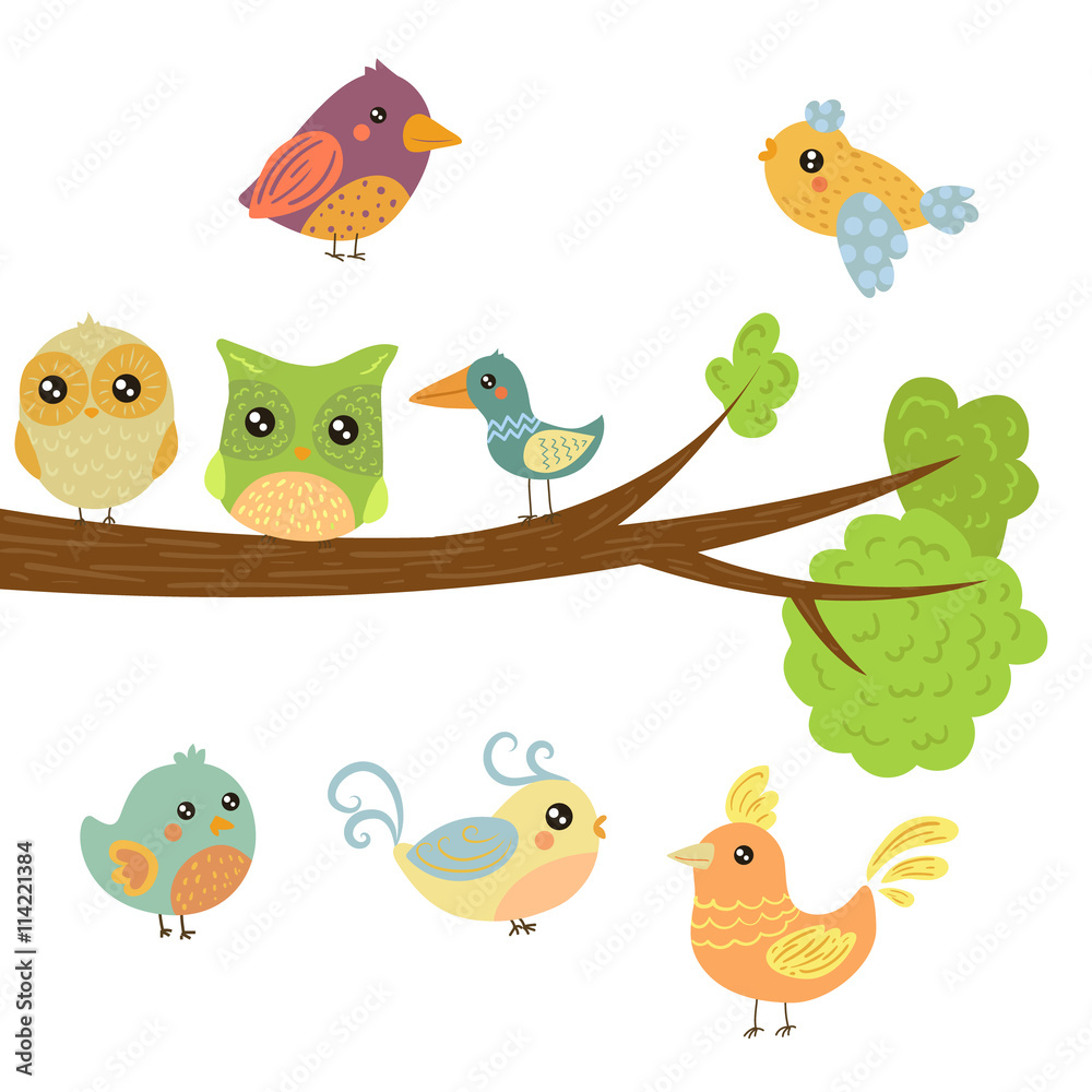 Different Cute Bird Chicks Sitting And Flying Around Tree Branch