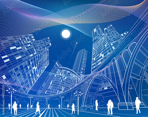 Big bridge, night city on background, industrial and infrastructure illustration, white lines landscape, people walk on the square, neon town, wave lines, vector design art