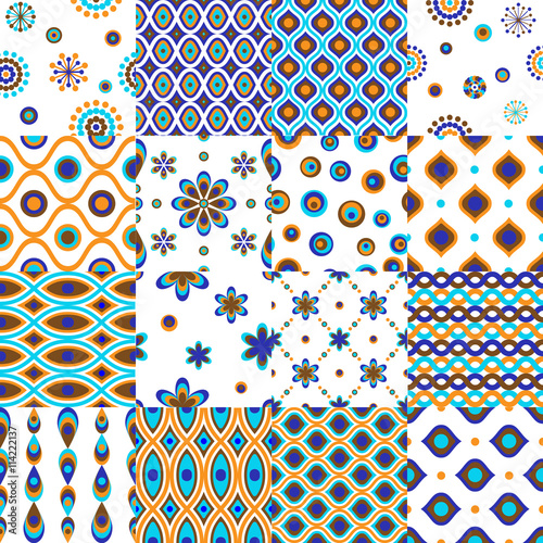 vector illustration sixteen colorful seamless geometric and floral retro patterns azure blue orange brown color
