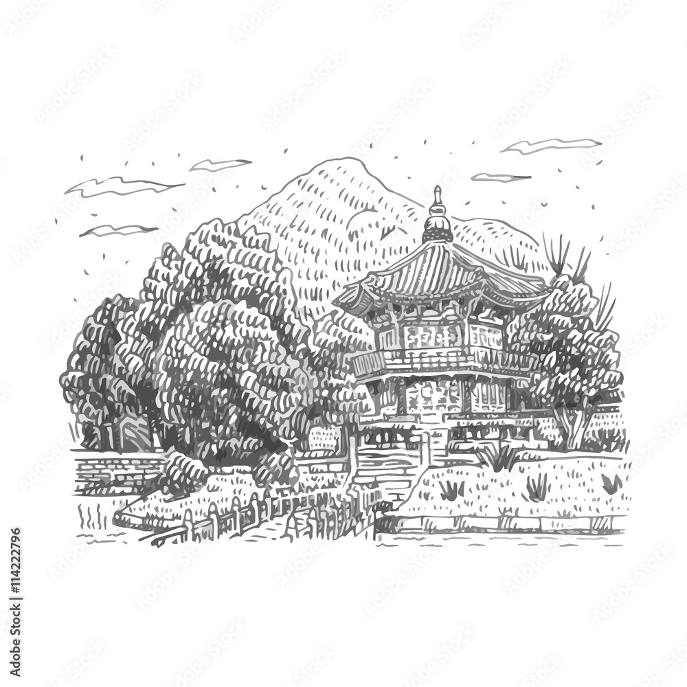 Gyeongbokgung Palace in Seoul, South Korea. Hyangwonjeong Pavilion on the lake. Sketch by hand. Vector illustration Gyeongbokgung Palace in Seoul, South Korea. Hyangwonjeong Pavilion on the lake. Sketch by hand. Vector illustration