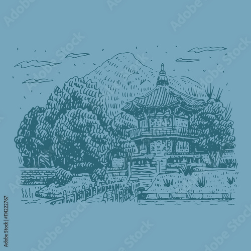 Gyeongbokgung Palace in Seoul, South Korea. Hyangwonjeong Pavilion on the lake. Sketch by hand. Vector illustration