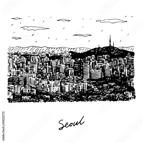 Seoul City Skyline and N Seoul Tower in Seoul, South Korea. Sketch by hand. Vector illustration
