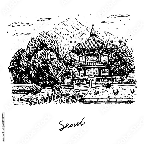 Gyeongbokgung Palace in Seoul, South Korea. Hyangwonjeong Pavilion on the lake. Sketch by hand. Vector illustration
