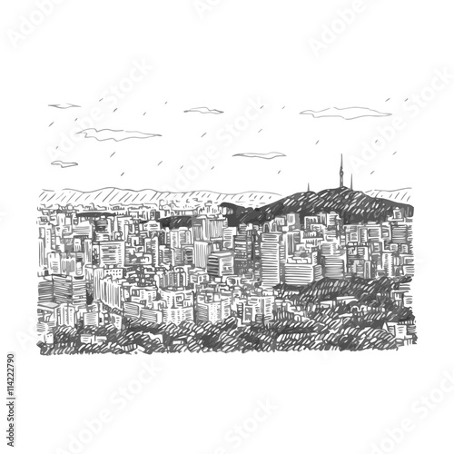 Seoul City Skyline and N Seoul Tower in Seoul, South Korea. Sketch by hand. Vector illustration
