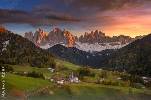 Sunset over Santa Maddalena in Dolomites, South Tyrol, Italy