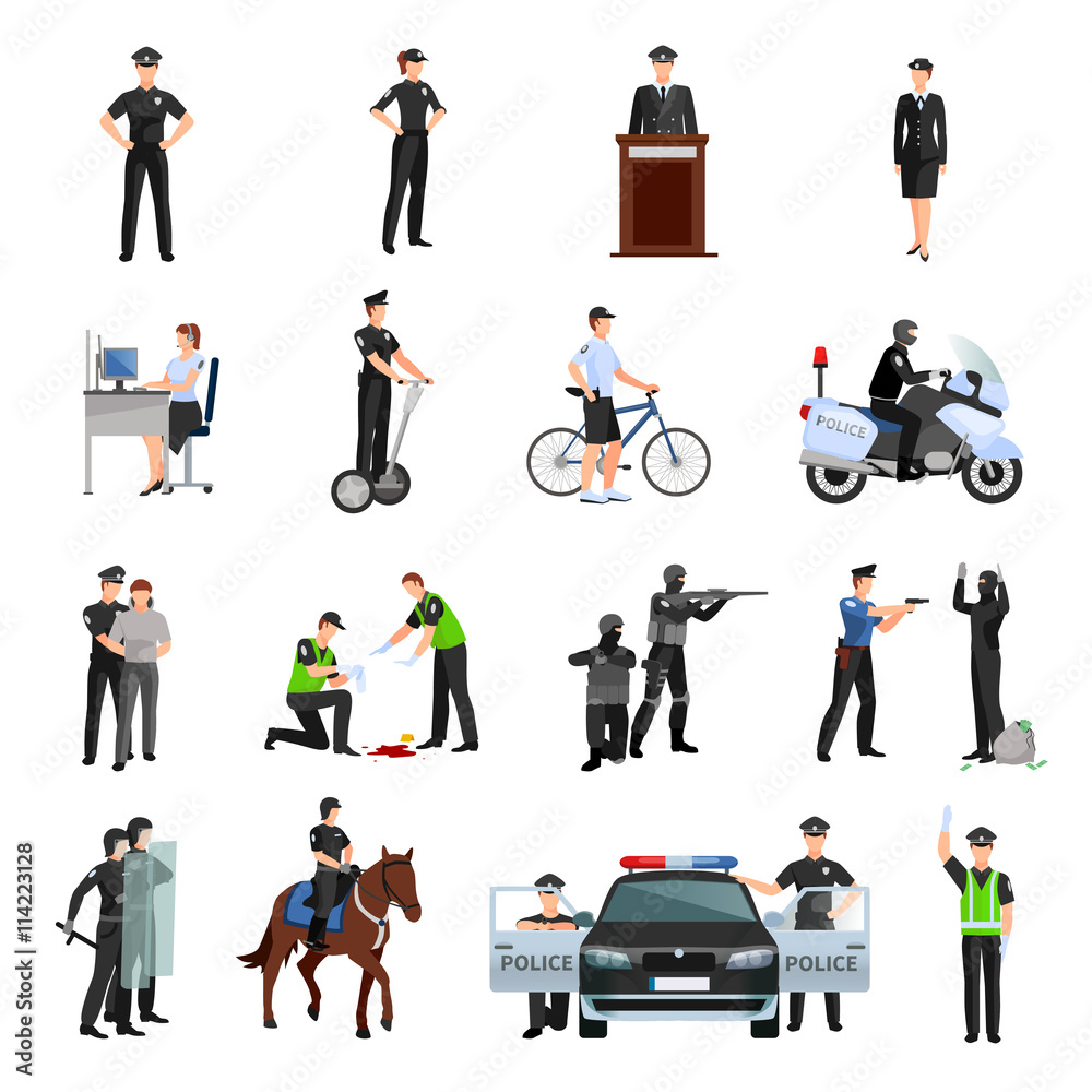 Police People Flat Color Icons Set