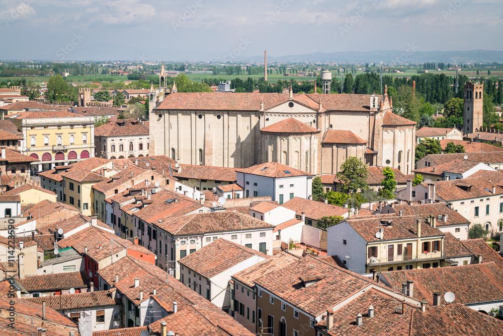 Aerial view of the walled city of Montagnana, Italy.