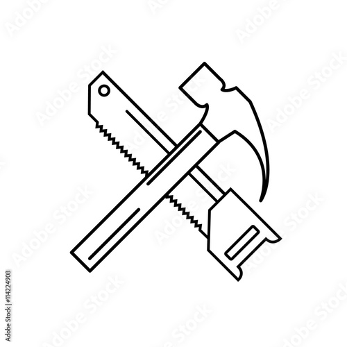 Hammer and saw linear icon. Carpenter service. Vector illustrati