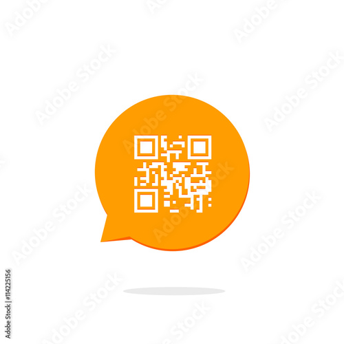 Qr code icon in orange speech bubble, concept of communication technology, flat style modern button design vector illustration isolated on white background