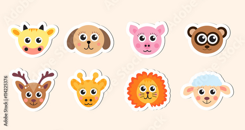 cute baby animal head stickers vector illustration