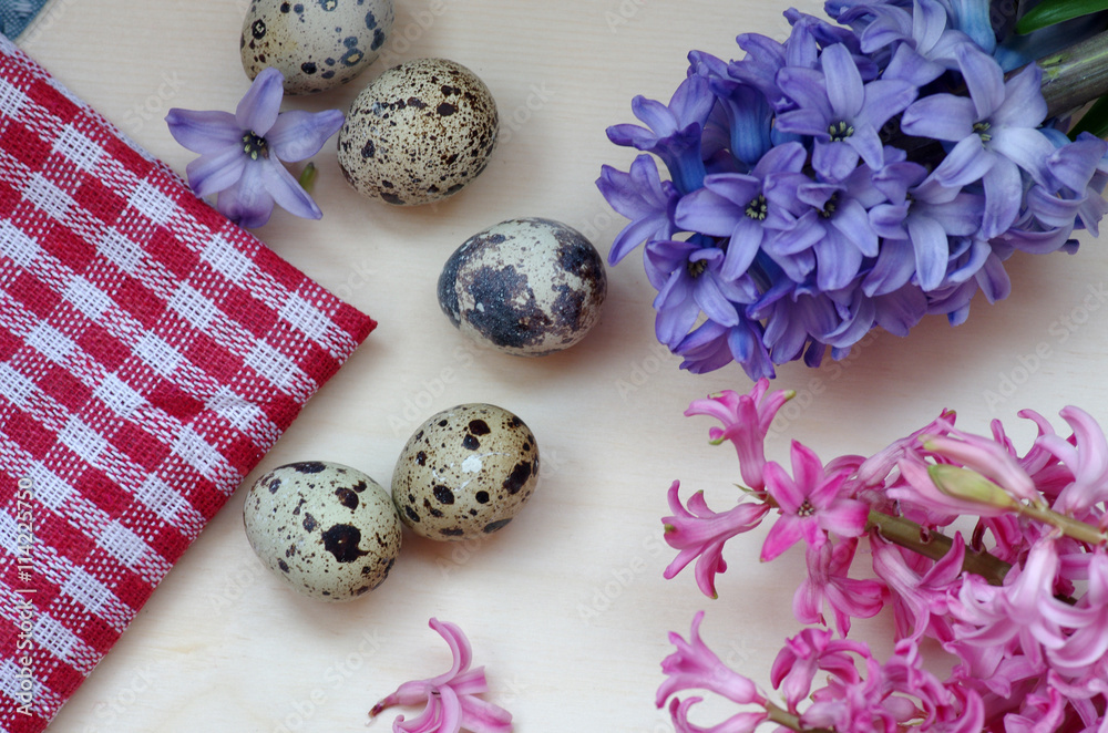 Happy Easter. A colorful hyacinth and quail eggs Happy Easter. A colorful hyacinth and quail eggs