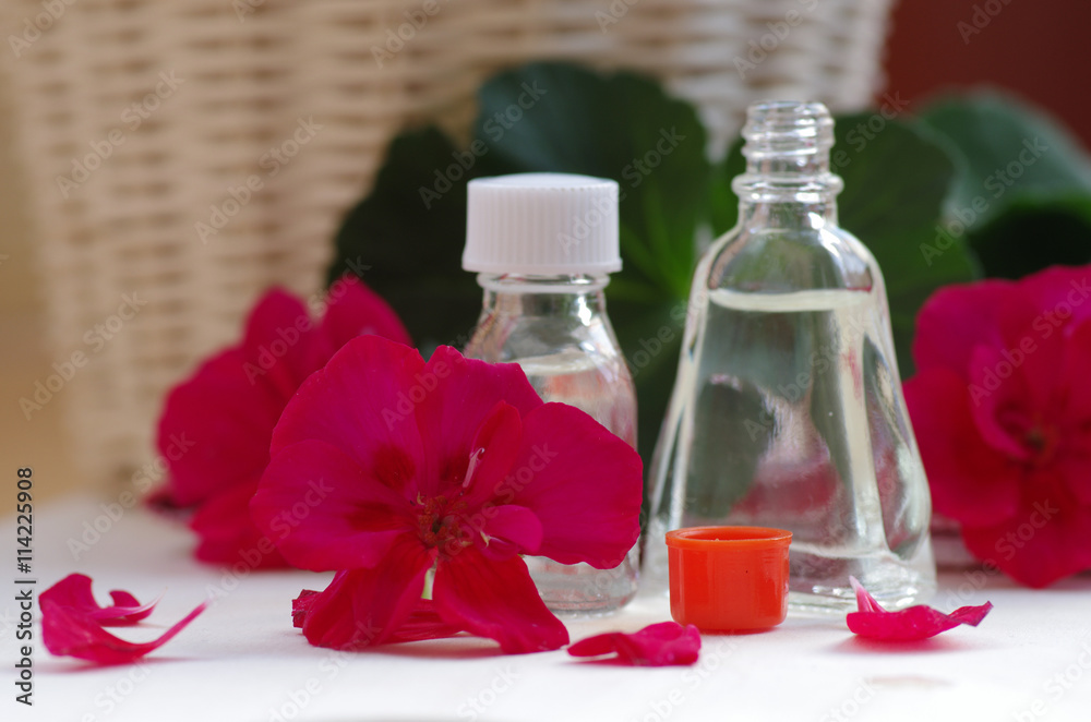 Essential geranium oil on the wooden background Essential geranium oil on the wooden background