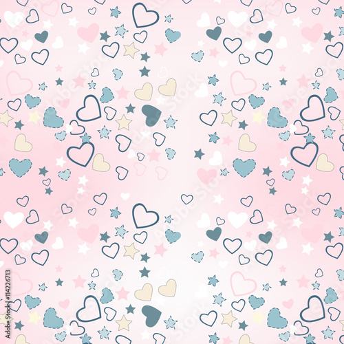 Pink background with hearts and stars. Baby pattern
