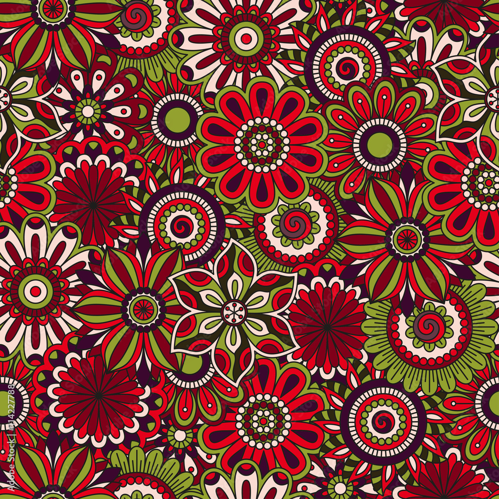 Floral background made of many doodle flowers. Seamless pattern. Vector illustration.
