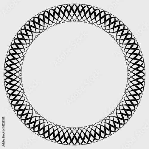 Round frame, looking like torus or snake ring, based on plait pattern. Vector black and white ornament around copy space. 