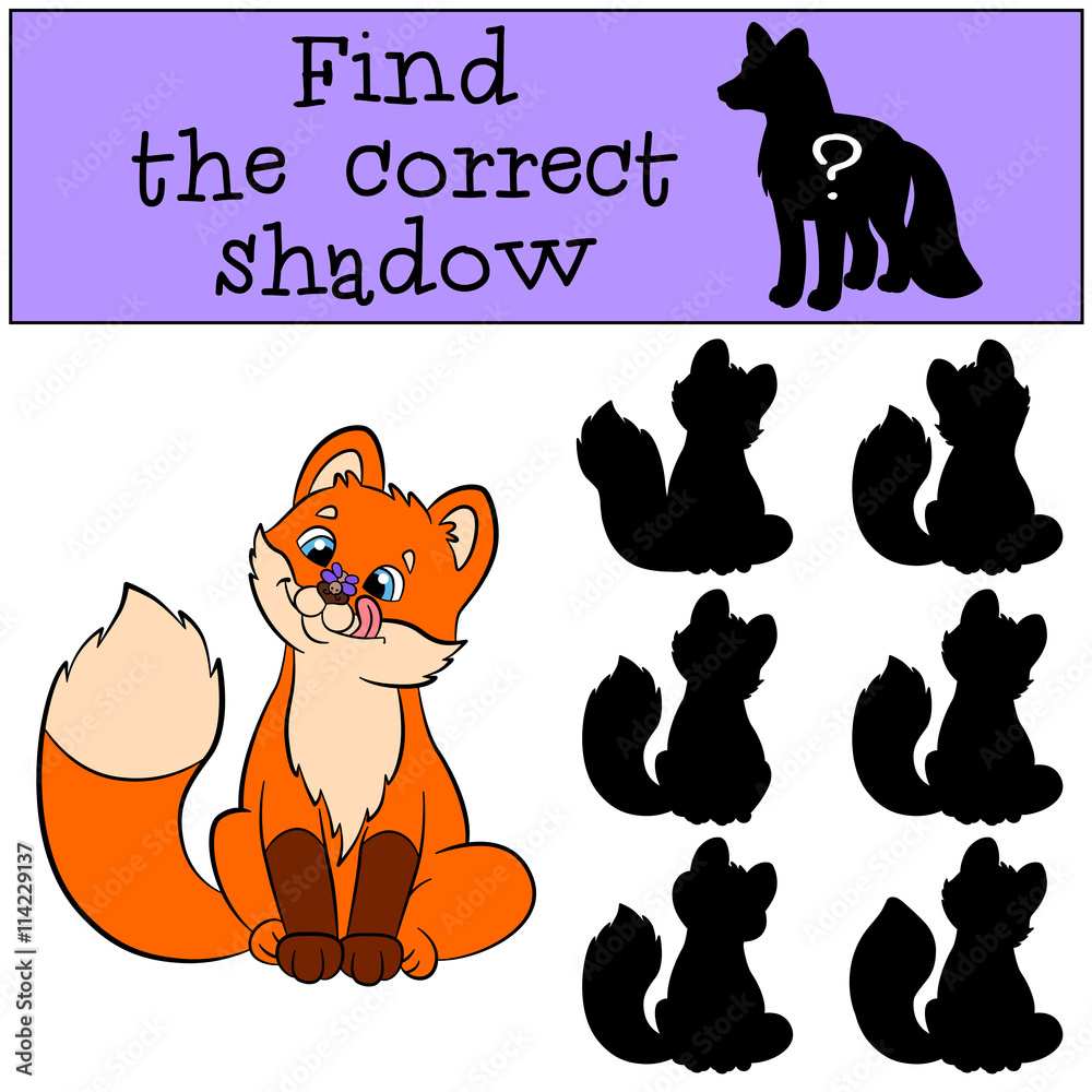 Fototapeta premium Children games: Find the correct shadow. Little cute baby fox