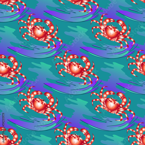 Seamless textures marine ornament with crabs on aquamarine background