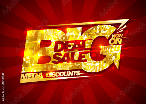 Big deal sale, mega discounts, rich golden banner with rays