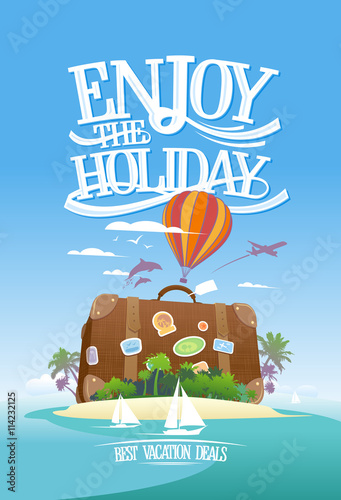 Enjoy the holiday, travel advertising design with huge suitcase on a tropical island