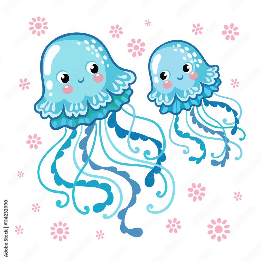Fototapeta premium Couple smiling jellyfish floating in the sea. Vector illustration of jellyfishes on a background of pink flowers.