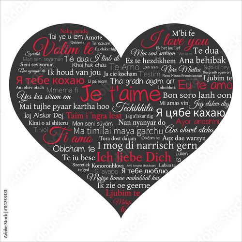 Word cloud. Phrase I love you in many languages in the shape of heart. Vector illustration on black.