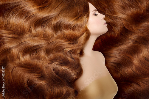 Model with long red hair. Waves Curls Hairstyle. Hair Salon. Upd