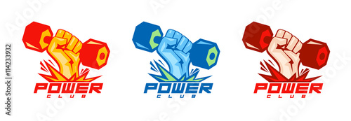 Arm with dumbbell body-building symbols.