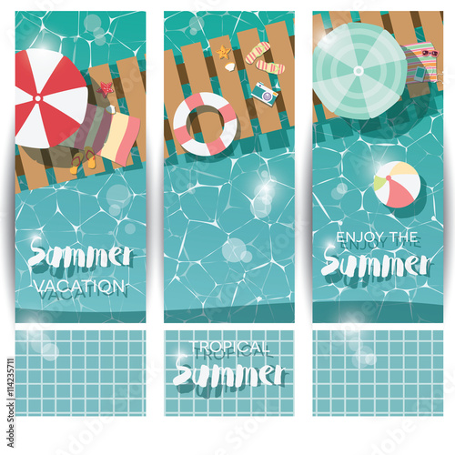 Three vertical banners with swimming pool, top view, tropical su