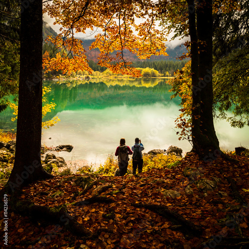 girls trekking in the wood