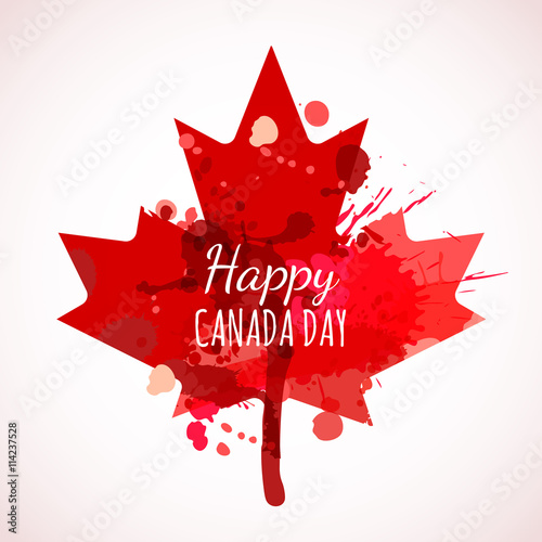 Happy Canada Day watercolor background. Holiday poster with red Canada maple leaf. Grunge canadian flag illustration. Design for banner or greeting cards.