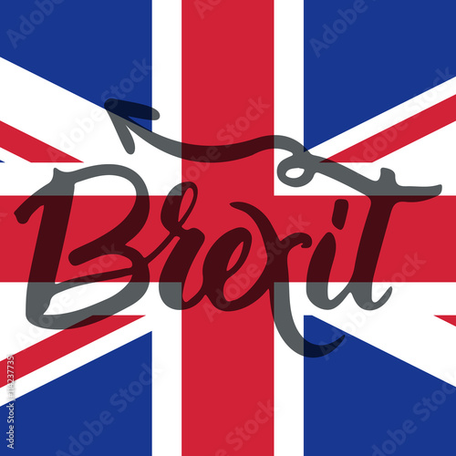 Brexit hand lettering text with United Kingdom flag and EU flag. Vector background about referendum in Great Britain