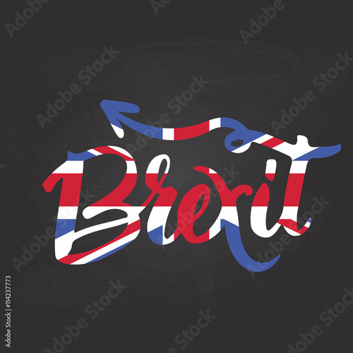 Brexit hand lettering text with United Kingdom flag and EU flag. Vector background about referendum in Great Britain