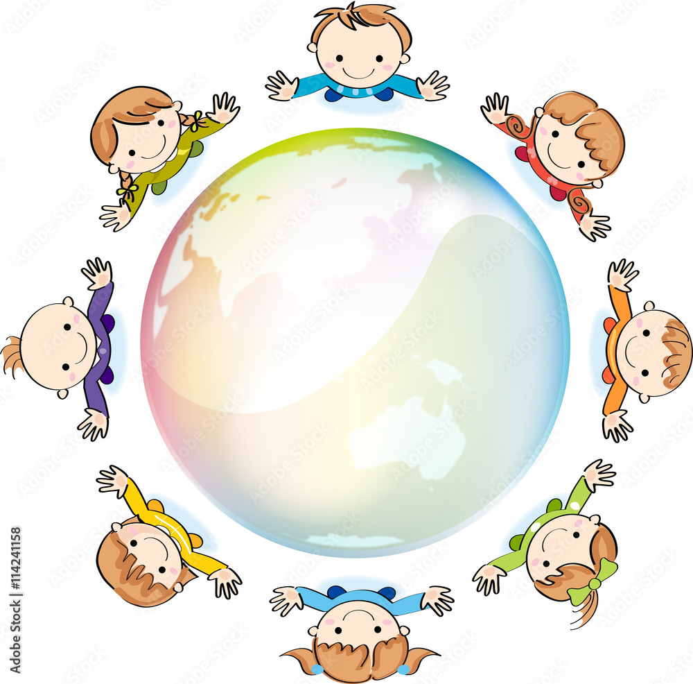 Obraz premium 手を振る子供たちと地球