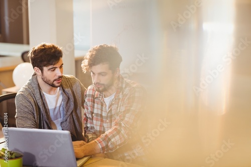 Graphic designer using laptop with his coworker