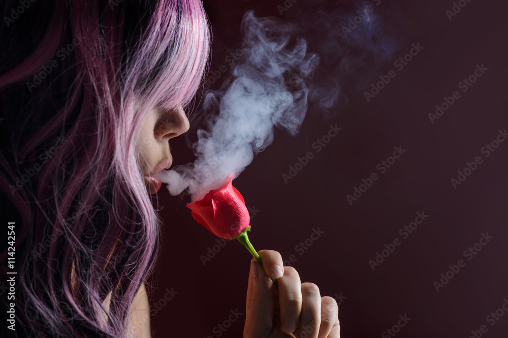 Pink hair girl and smoke - obrazy, fototapety, plakaty 