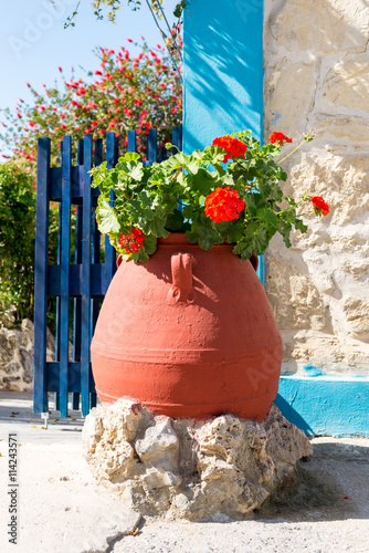 Fototapeta Naklejka Na Ścianę i Meble -  Geranium in a big pottery amphora. Big flower pot in the streets of Pitsidia, a the small town in the south central of Crete. Geraniums are often used as an ornamental plant on terraces and balconies
