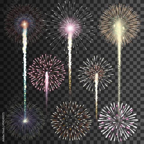 Set of isolated vector fireworks on transparent background