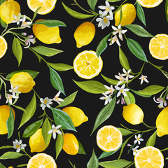 Seamless Pattern. Lemon Fruits Background. Floral Pattern.