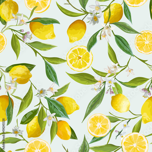 Seamless Pattern. Lemon Fruits Background. Floral Pattern.