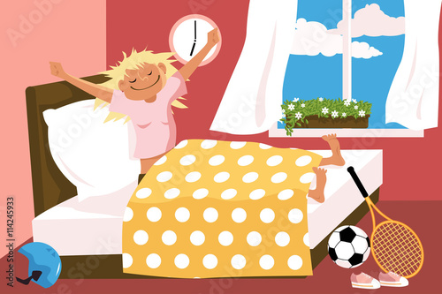 Cartoon woman waking up in her bed early in the morning, sport equipment lying around, EPS 8 vector illustration, no transparencies