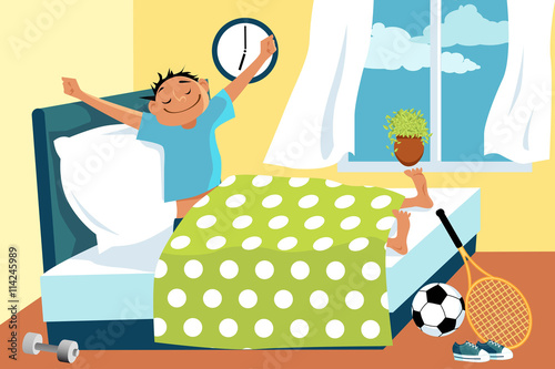 Cartoon man waking up in his bed early in the morning, sport equipment lying around, EPS 8 vector illustration, no transparencies
