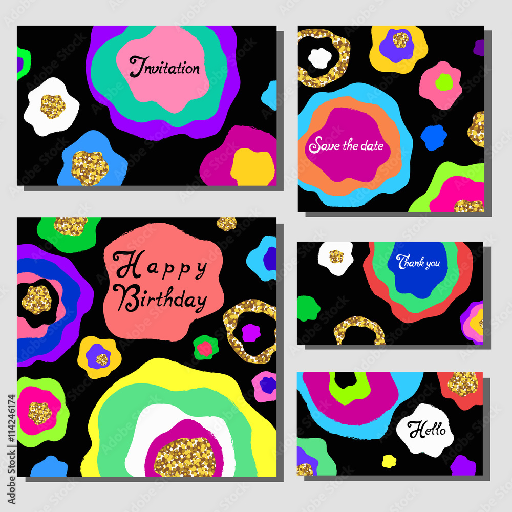 Vector illustration set of artistic colorful universal cards. Wedding, anniversary, birthday, holiday, party. Design for poster, card, invitation. With golden glitter texture.