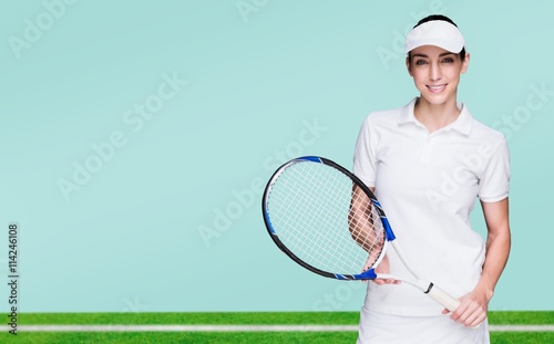 Composite image of female athlete posing with tennis racket © vectorfusionart