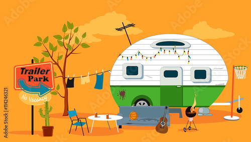 Trailer park scene with a caravan trailer, EPS 8 vector illustration, no transparencies © aleutie