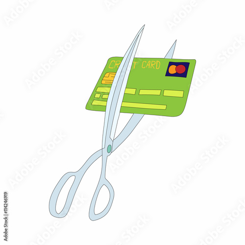 Scissors cutting credit card icon, cartoon style