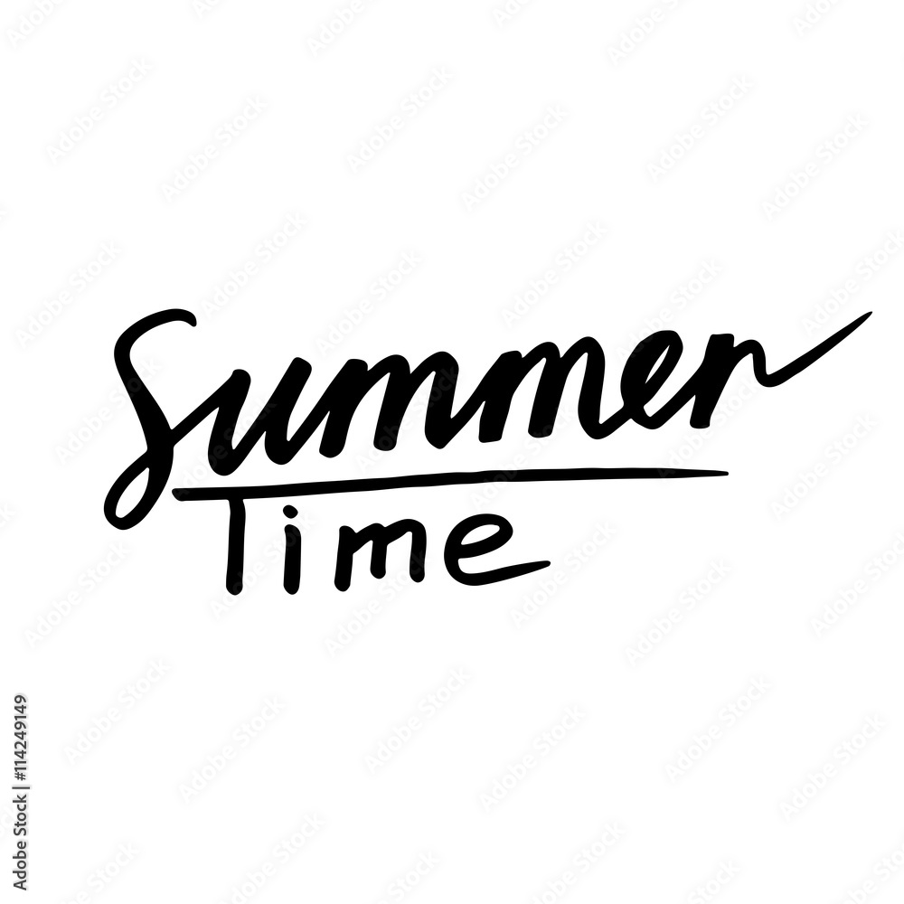 Summer Time: handwritten vector text on white background. Sun poster with writing text: Summer Time. Handwritten calligraphy. Design lettering ink. Letters painted with a brush. Vector illustration.
