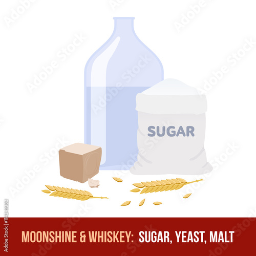 Moonshine and whiskey. Ingredients for fermentation