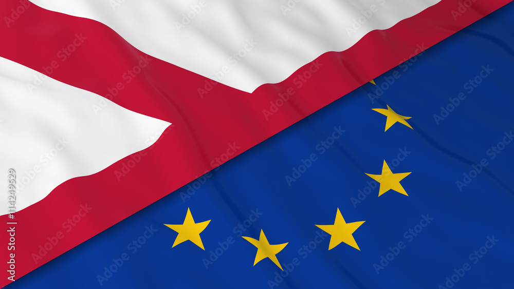 Flags of Northern Ireland and the EU - Split Northern Irish Flag and European Flag 3D Illustration