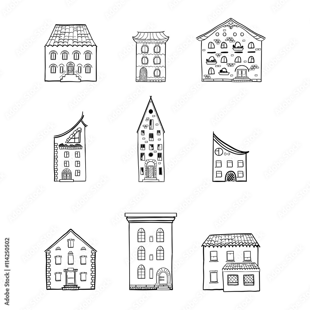 Set of black and white doodle houses, hand-drawn monochrome sketch house, isolated, EPS 8
