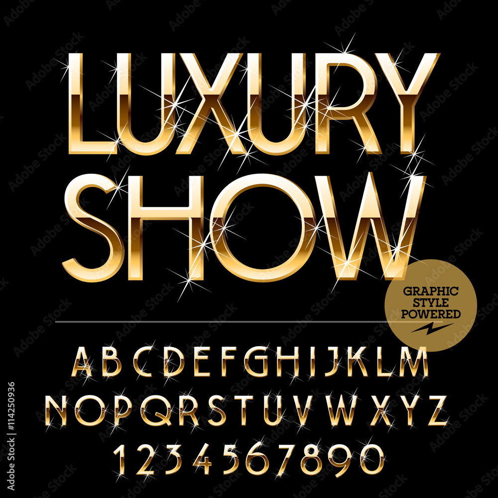 Vector set of alphabet letters, numbers and punctuation symbols. Gold emblem with text Luxury show - obrazy, fototapety, plakaty 